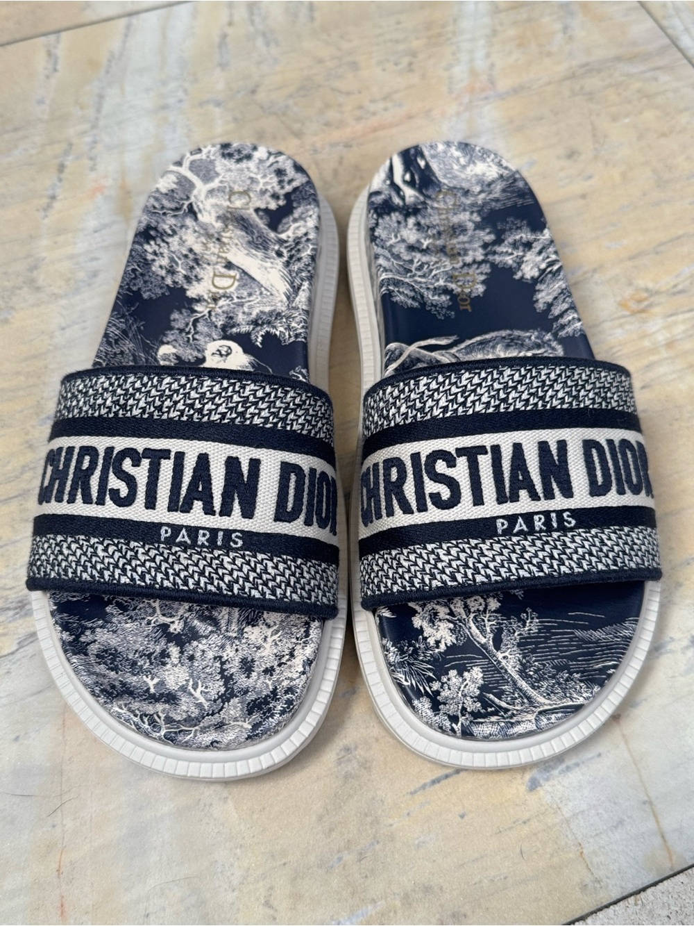 Christian Dior Blue White Dway Flower Toile Logo Slide Sandals size 37 - Picture 11 of 16